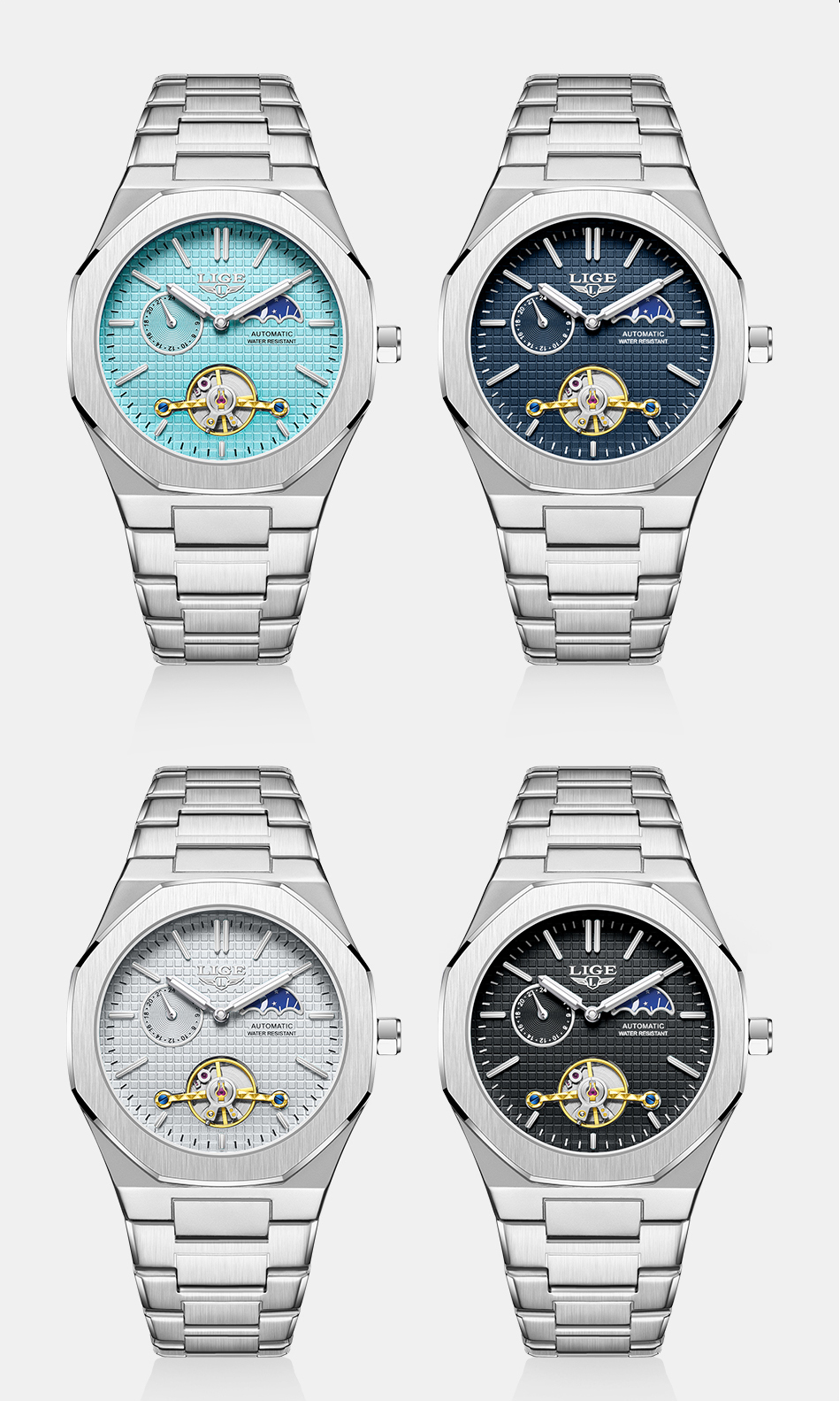 LIGE Men's Mechanical Watch Automatic Tourbillon Stainless Steel Strap 30m Waterproof Watch Moon Phase Fashion Business Watch Holiday Gifts