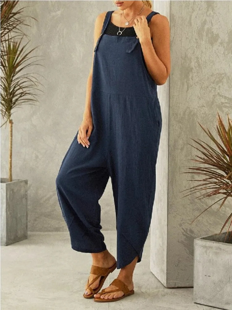 Women Loose Wide Leg Overalls Summer Adjustable Solid Color Cotton Linen Baggy Full Trousers Female Jumpsuits Oversized 250714