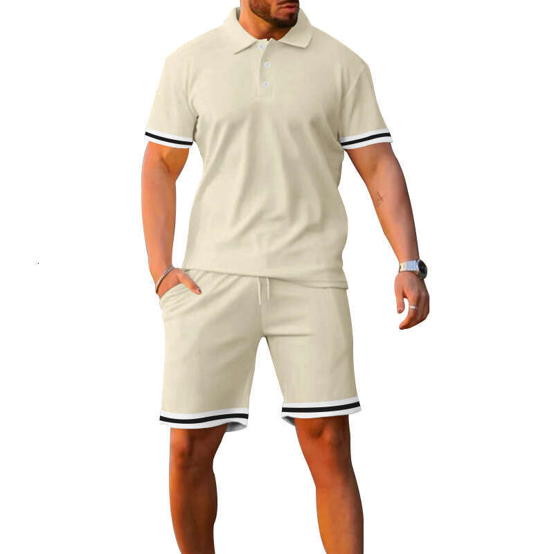 Hot Selling Foreign Trade Summer Turn-down Collar Buttoned Patchwork Short Sleeve Shorts Sports Casual Youth Plus Size Men Set