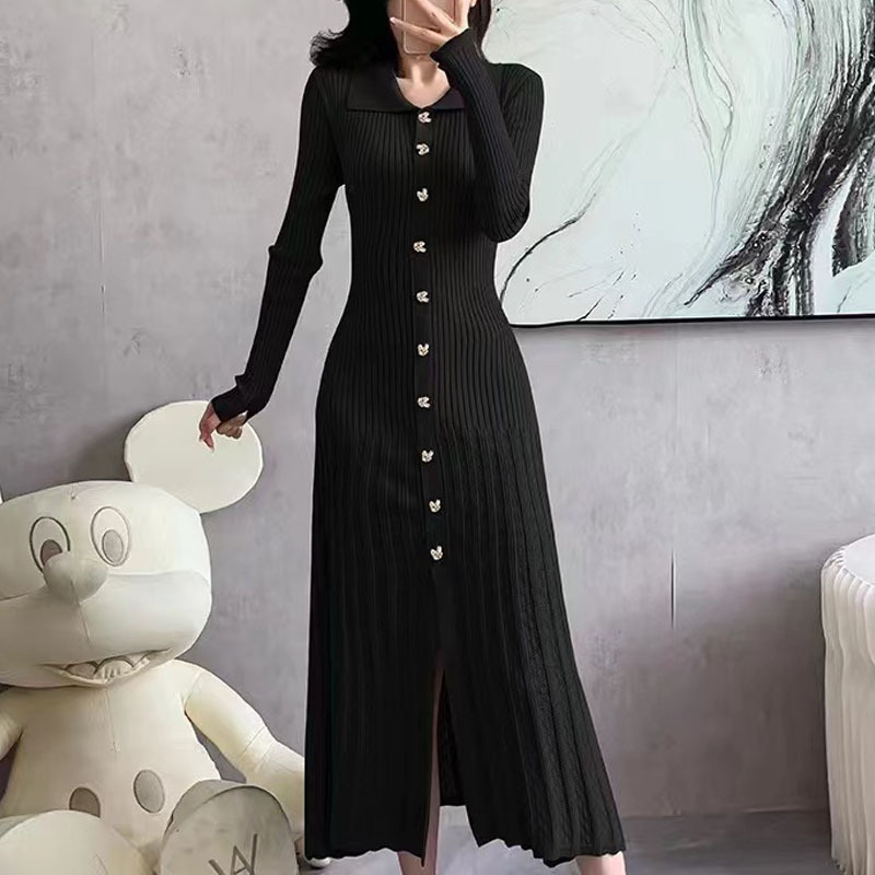 new Designer free shipping lapel knit dress for women slim fit waist hugging long skirt short sleeved hollow knit dress
