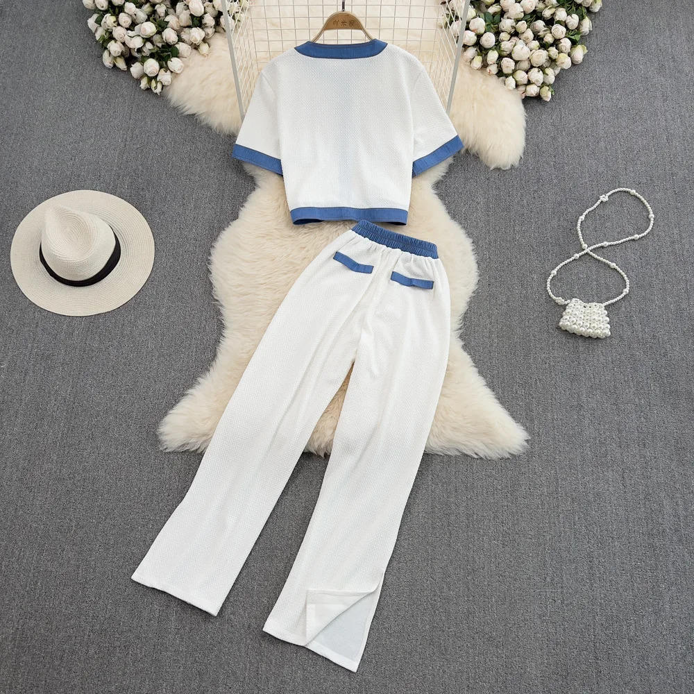 Two Piece Sets Women Pant Set Knitted White Sleeveless Vest Tops Y2k Streetwear High Waist Wide Leg Long Pants Knit Party 250714