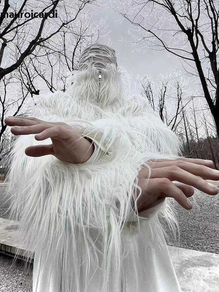 Mauroicardi Autumn Winter Thick Warm Hairy Shaggy CroppEd Faux Fur Coat Men Clothes Black Fluffy Jacket 250715