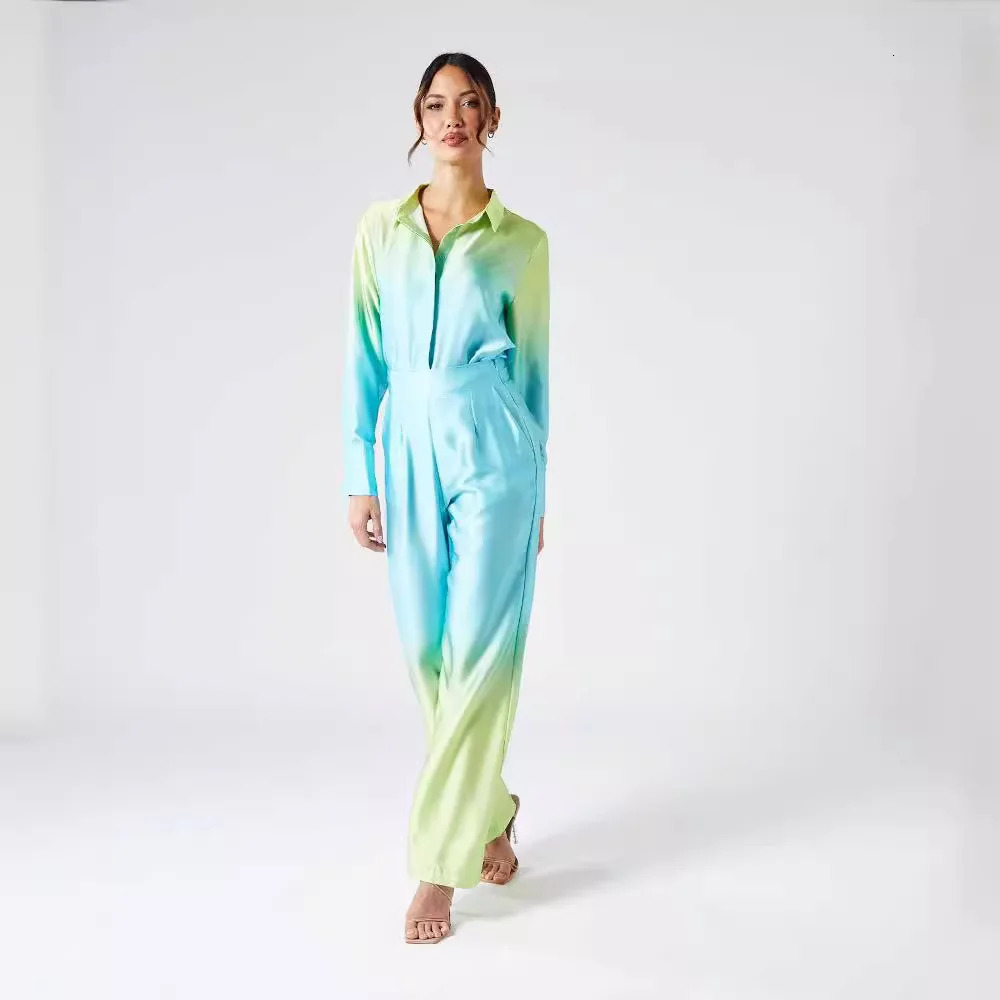 Womens Suit Elegant Long Sleeve Shirt Straight Pants Two Piece Set Chic Street Womens Casual Loose Gradient Shirt 2 Piece Set 250715