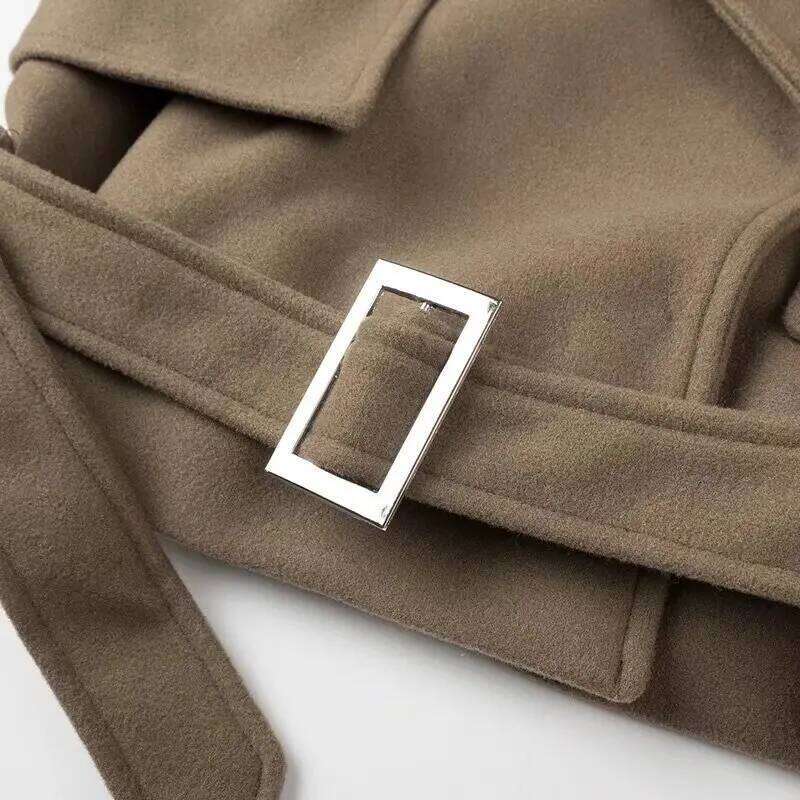 Spring Notched Collar Safari Woolen Coat Retro Women Buckle Belt Hem Loose Full Sleeve Jacket Short Outerwear