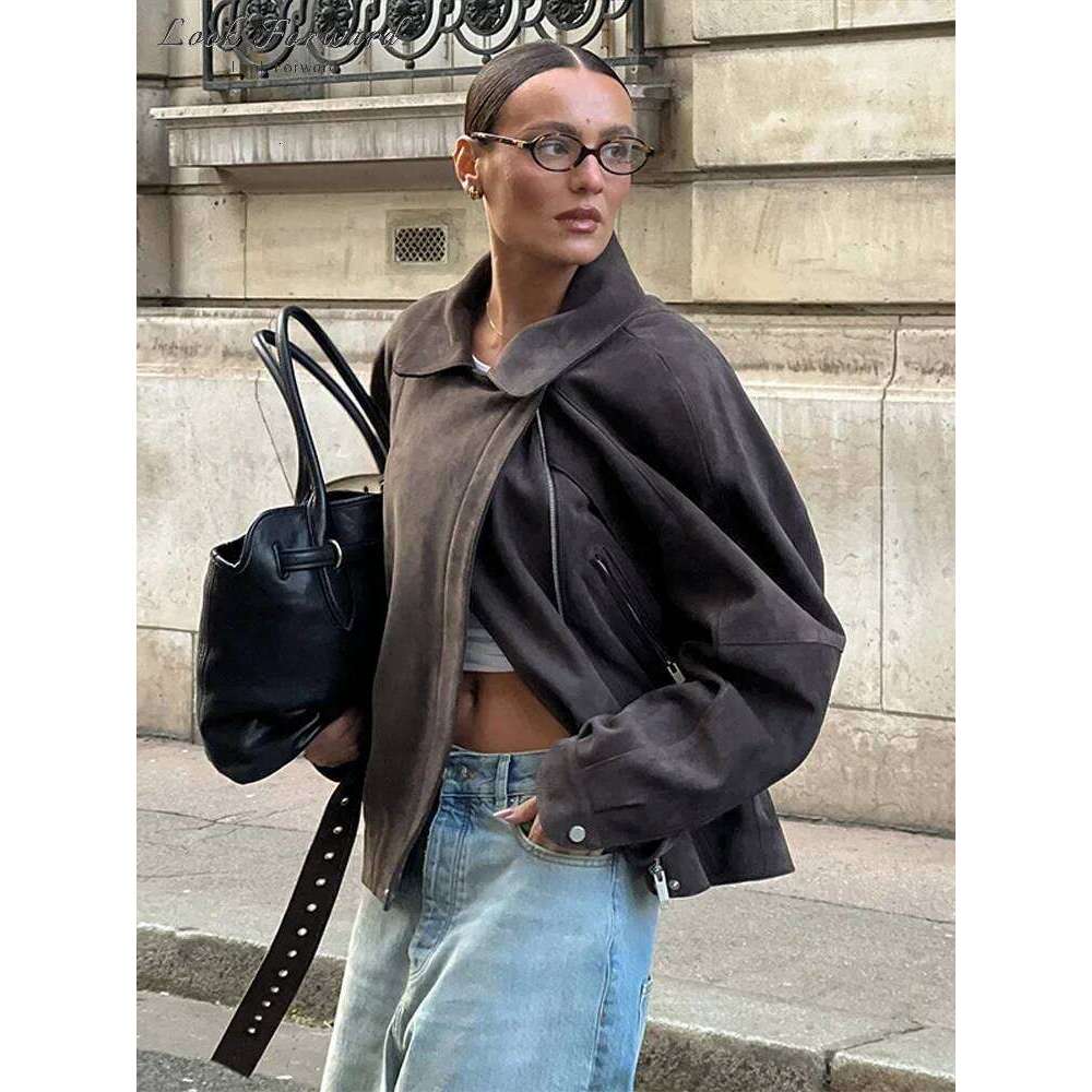 hoodie Vintage Suede Jacket Women Belt Loose Lapel Zippers Pockets Outerwears Lantern Sleeve Brown Coats Lady Spring Autumn Streetwear jacket