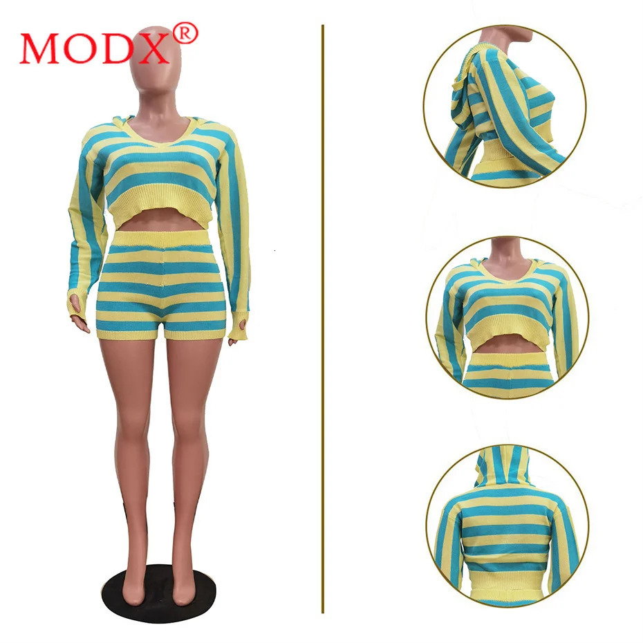 5sets Bulk Items Wholesale Lots Two Piece Set Womens Outfits Summer Knitted Striped Long Sleeve Hooded Tops Shorts M15179 250714