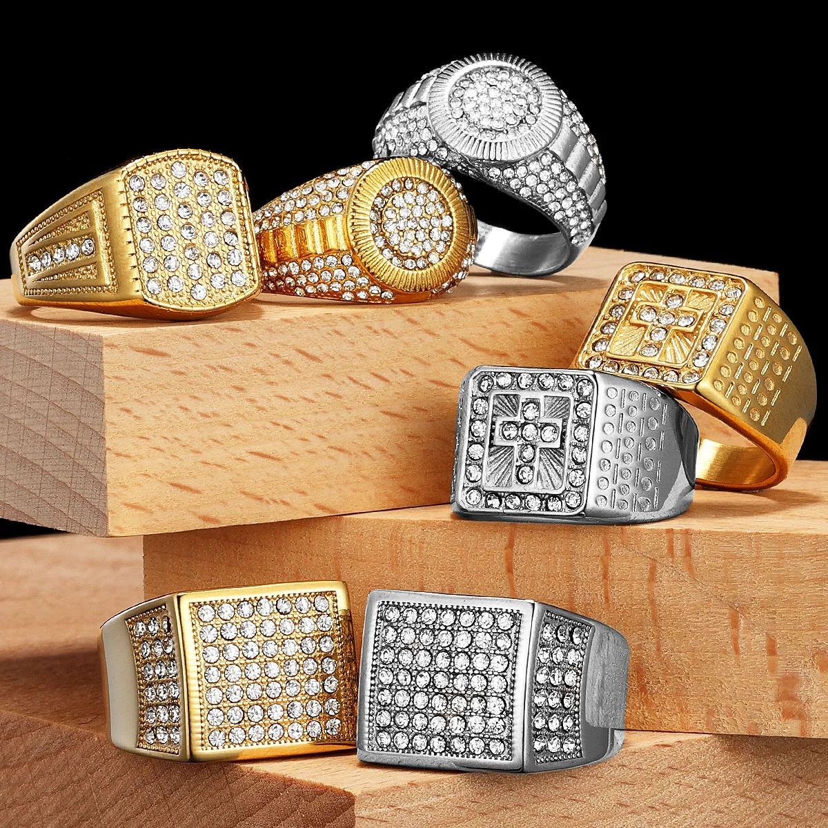 Gemstone Hip Hop Cross Men Rings Stainless Steel Women Couple Jewelry Punk In Rock Fashion Accessories Gift Wholesale 250717