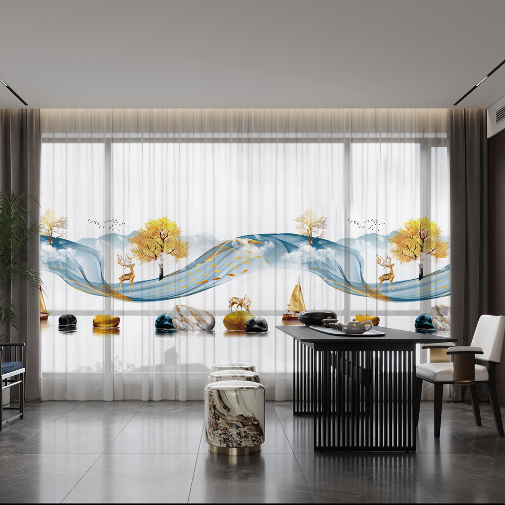 YL-36700 New Chinese style landscape painting all-match chiffon window screen living room bedroom tea house temple light-transmitting and non-transmit