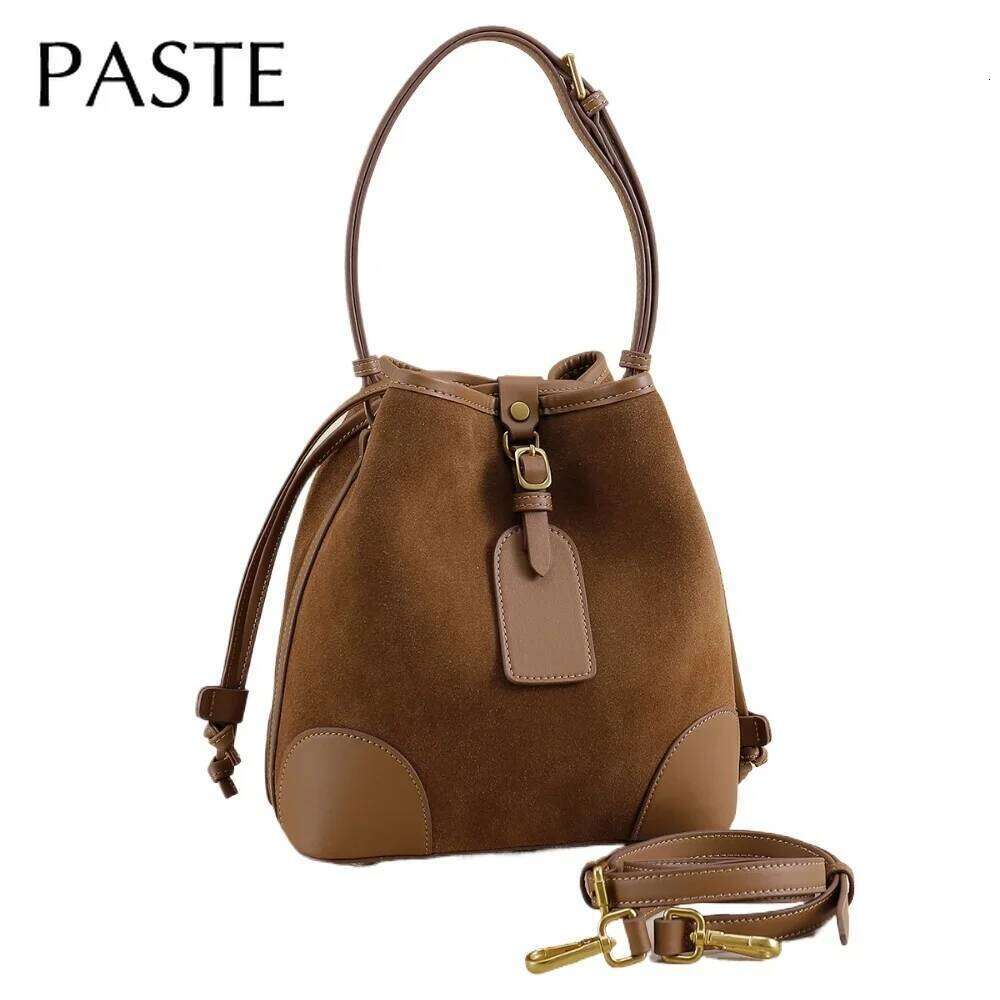 Retro Stylish String Close Gift Pouch Marroon Coffee Color Small Bucket Tote Matte Suede Leather Women Crossbody Shoulder Bag