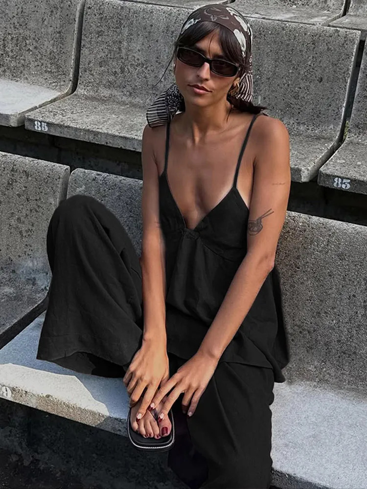 Fashion Solid Cotton Linen Backless Vest Pant Set Women Sleeveless Tank Tops High Waist Wide Leg Pants Suit 2025 Lady Streetwear 250715