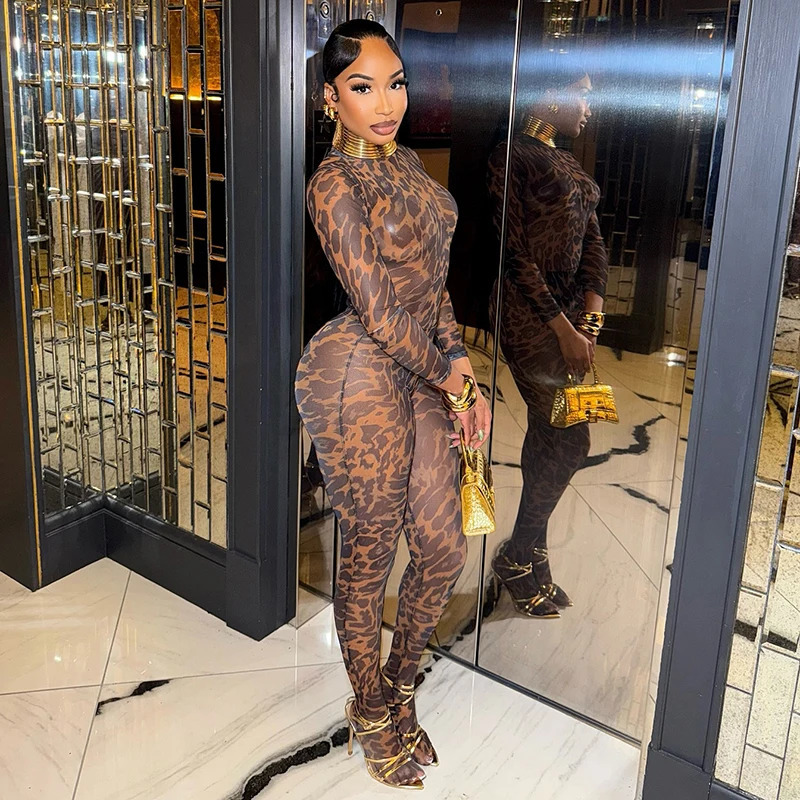 CUTENOVA Women Leopard Print Mesh SeeThrough Set High Neck Long Sleeve BodysuitSkinny Stocking Pants Causal Streetwear 250714