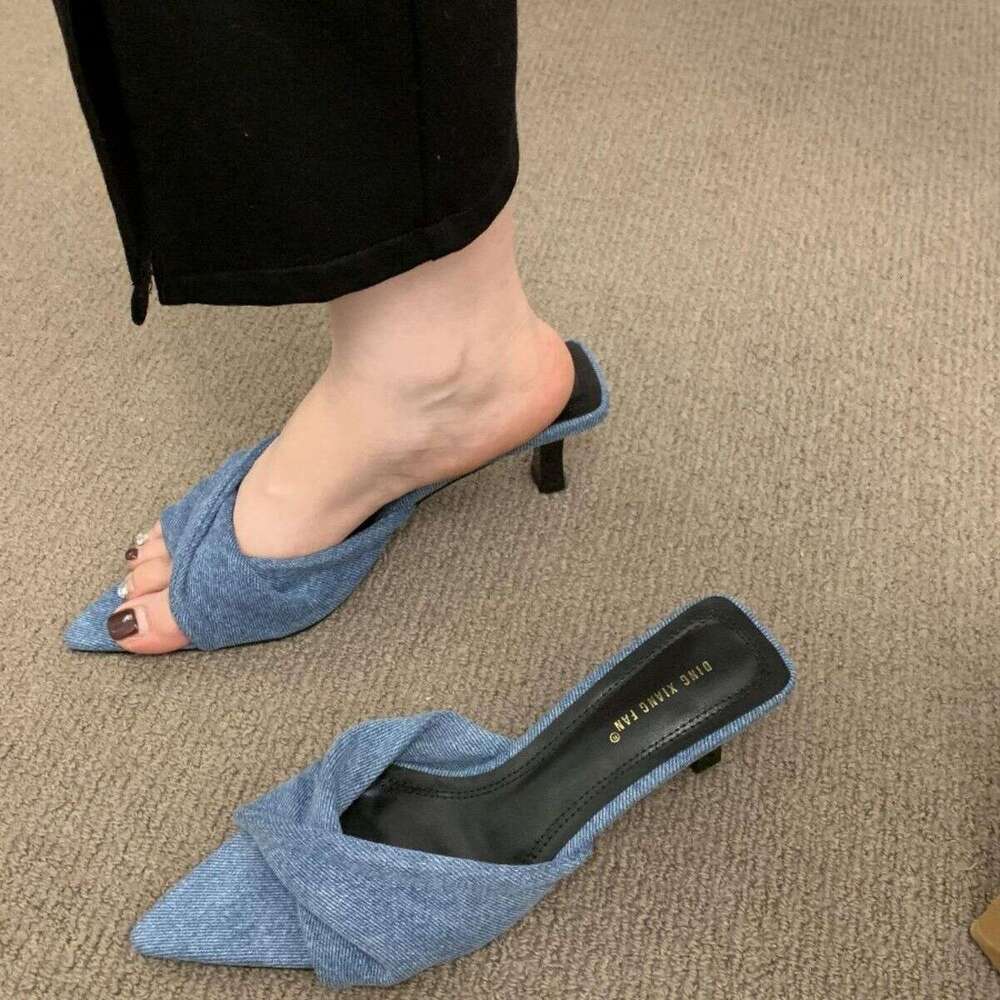 2025 Summer Pointed Open Toe Denim Blue Outdoor Slippers Fairy Style Thin High Heel One-Strap Sandals with Bowknot