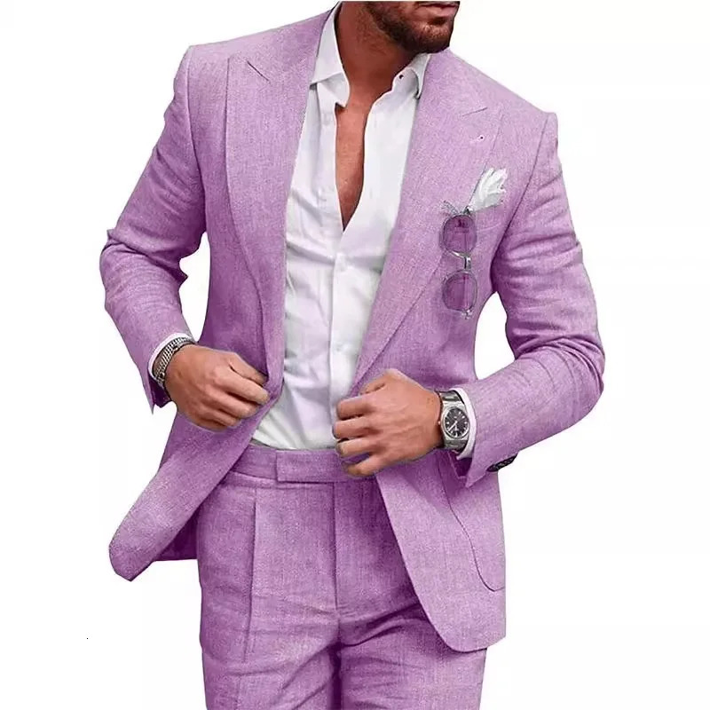 Korean Version Linen Solid Color Business Two-piece Set Mens Spring Casual Back Slit Single Button Lapel Suit Trousers 250715