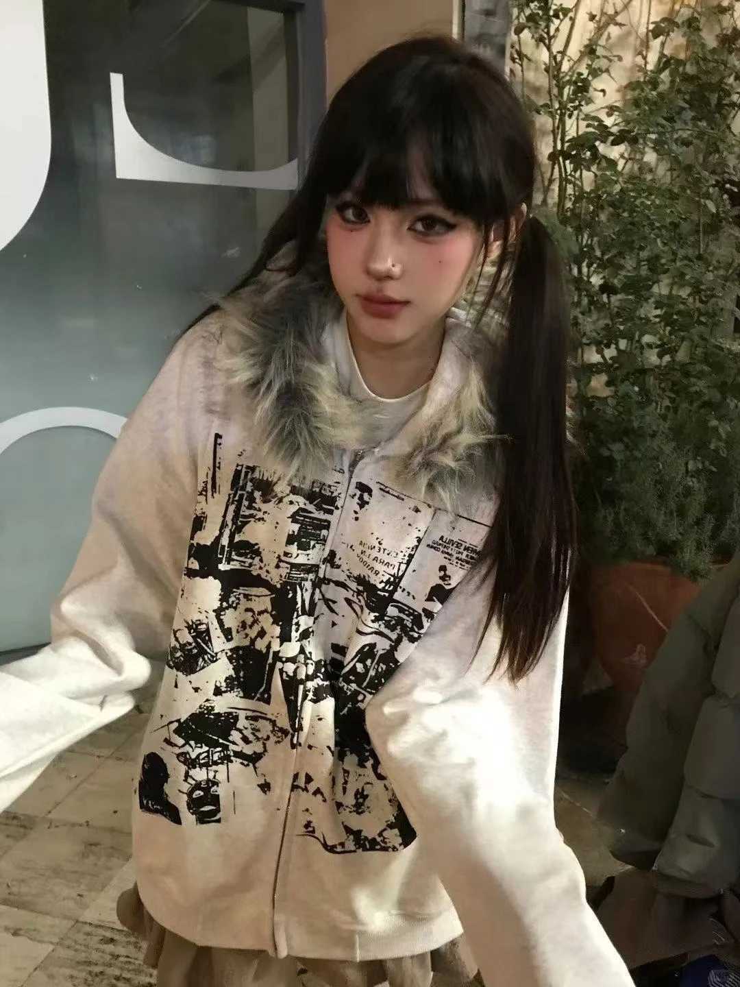 Vintage Sweatshirts 2024 Womens Clothes White Print Tunic Hooded Y2k Coat Streetwear Fashion Casual Hoodies Tops Ropa Mujer Z250719