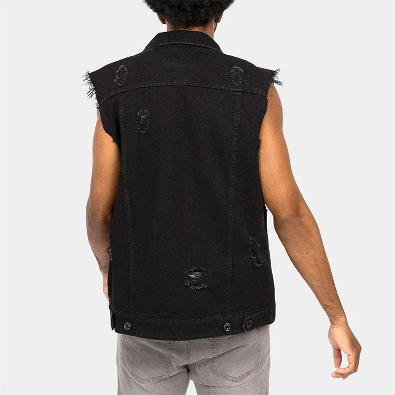 Western Cowboy Style Broken Holes Denim Vest Male Casual Lapel Cardigan Jeans Waistcoats Men Sleeveless Raw Cut Edge Jacket 250707
