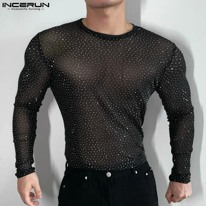 Fashion Casual Style Tops INCERUN Men Sparkling Fabric Slightly Perspective T-shirt Sexy Male Long Sleeved Camiseta S-5XL 250714