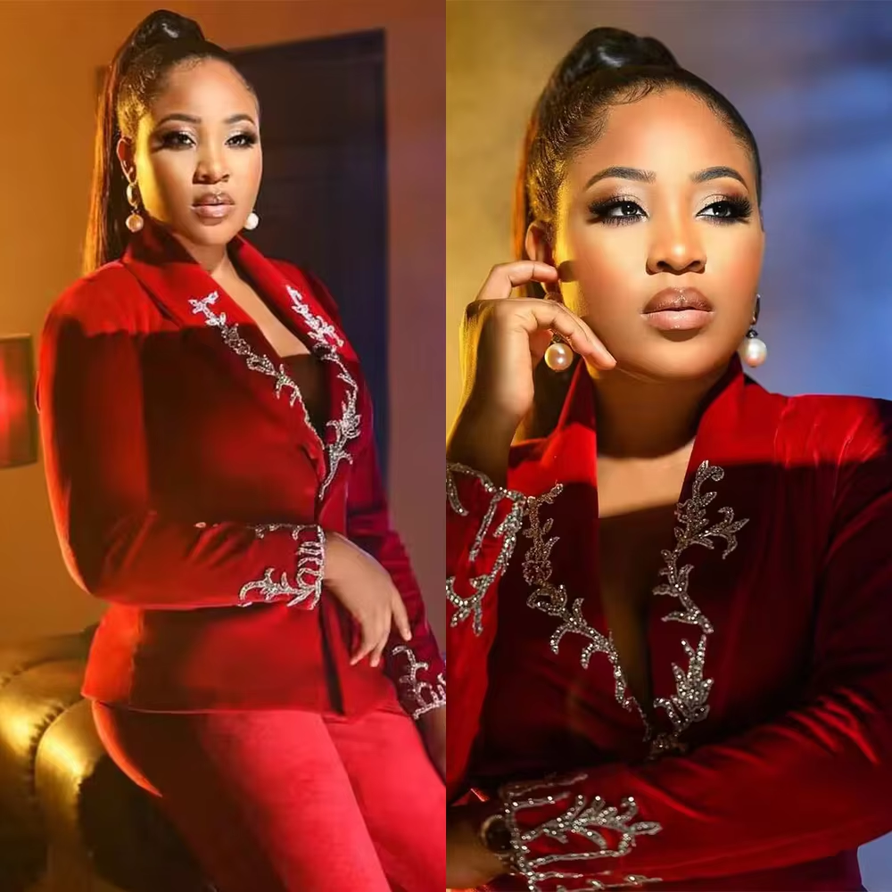 Customized Dark Red Velvet Women Suit Set 2 Pieces Crystal Beading Wedding Party Formal Luxury Office Lady Jacket Coat