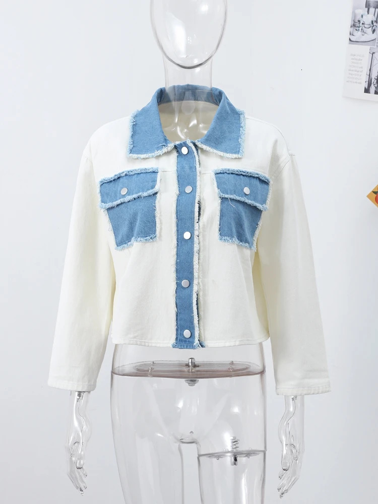 Chic Womens White Denim Patchwork Shirt With Pockets ShortLength Spring Comfortable Fit Casual Streetwear For Woman 250709