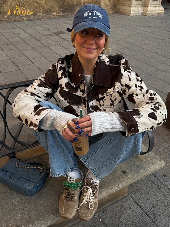 Casual Women Lapel Jacket Female Cow Print Long Sleeve Single Breasted Short Length Outerwear 2025 Autumn Commute Street Coat 250715