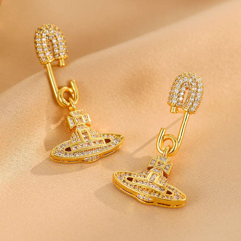 Pin Saturn Planet Micro Pave Full Dia Light Simple Banquet Super Shiny Earrings Fashionable Temperament Personality Studs