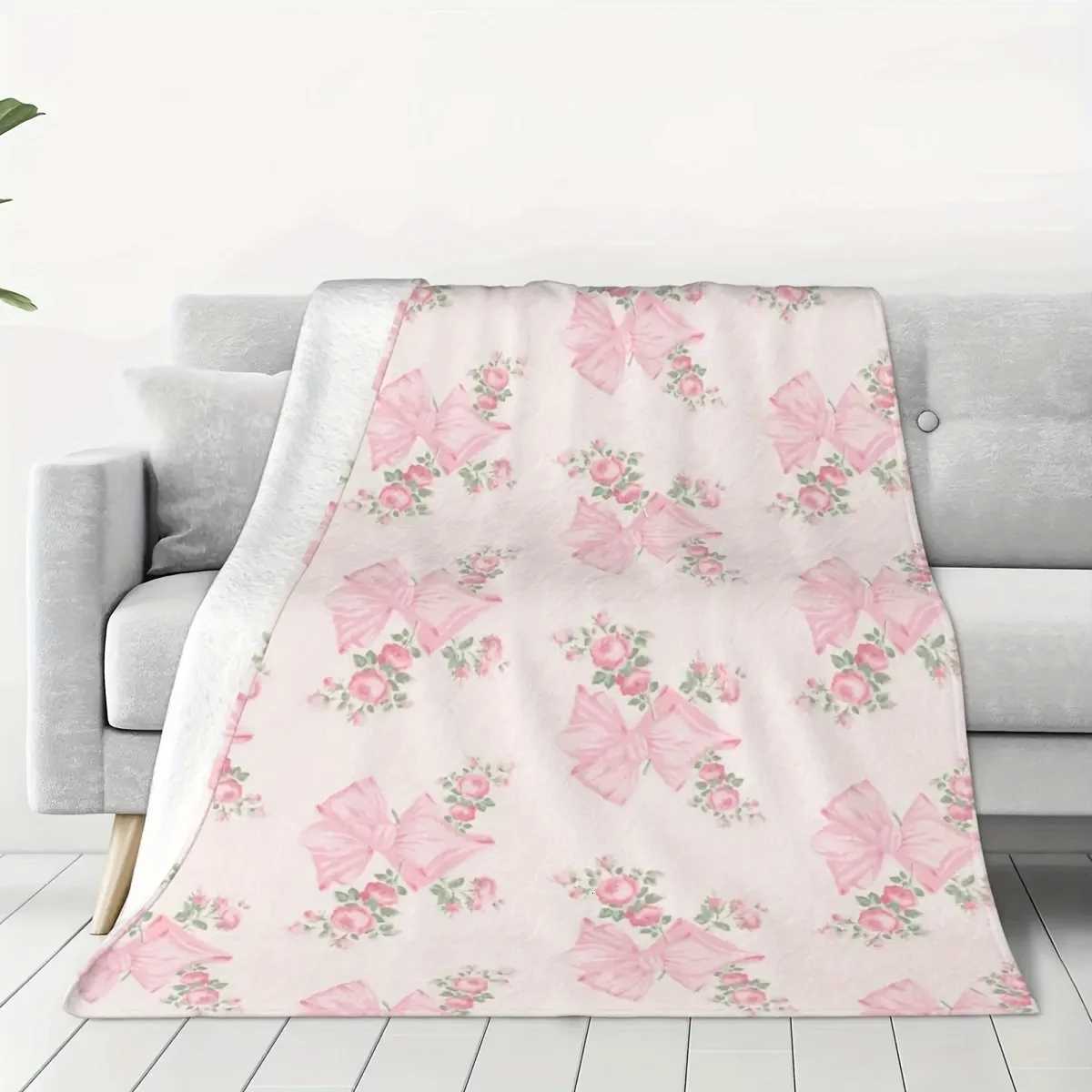Soft Cozy Pink Bow Floral Flannel Throw Blanket Versatile for Office Camping Travel All-Season Warmth Machine Washable W250719