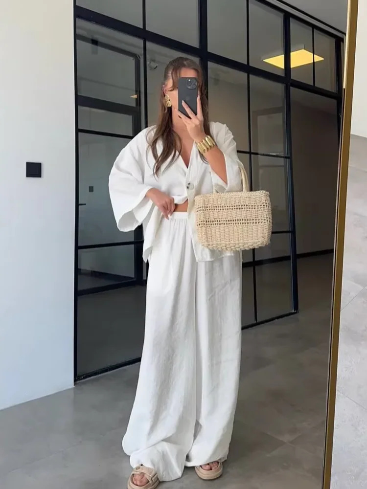 Solid Cotton Linen Loose Pants Set Women Casual Full Sleeve V-neck Buttons Top Wide Leg Pants 2025 Lady High Street Outfits 250715