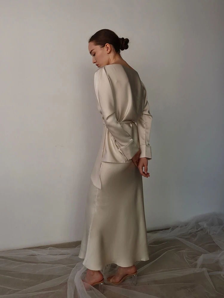 Spring Elegant Satins Outfit Women Long Sleeved Lace Up TopHigh Waist Loose Straight Bust Skirt Autumn Female Two Piece Set 250715