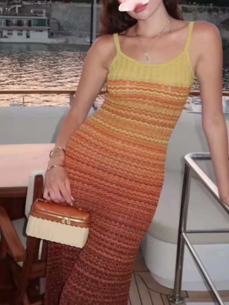 Fashion Gradient Women Knitted Maxi Elegant V-neck Sleeveless Bodycon Long Dresses 2025 Female Chic Beach Party Holiday Robe 250715