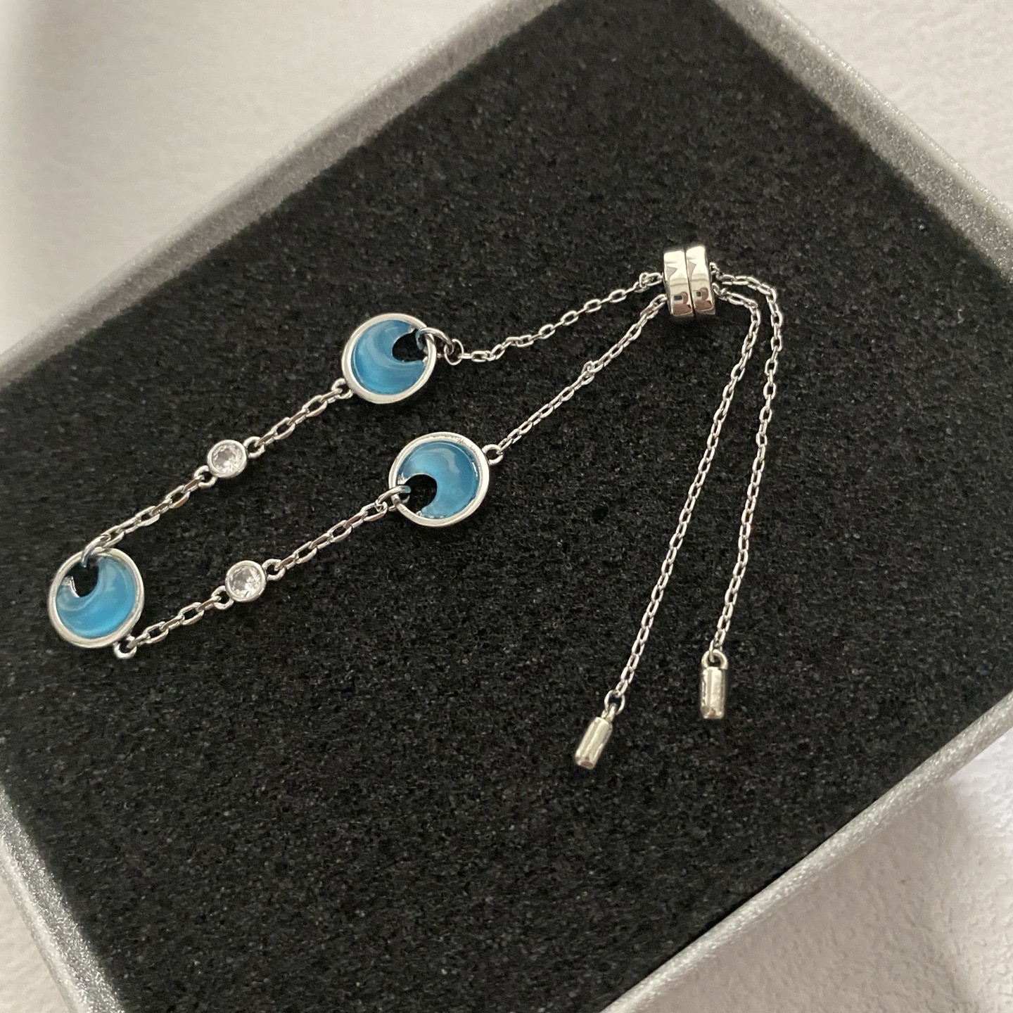 Silver - Toned Bracelet With Blue Enamel, Circular Cutouts, And Rhinestone Accents Artistic Daily & Elegant Jewelry Gift For Her High - Quality And St