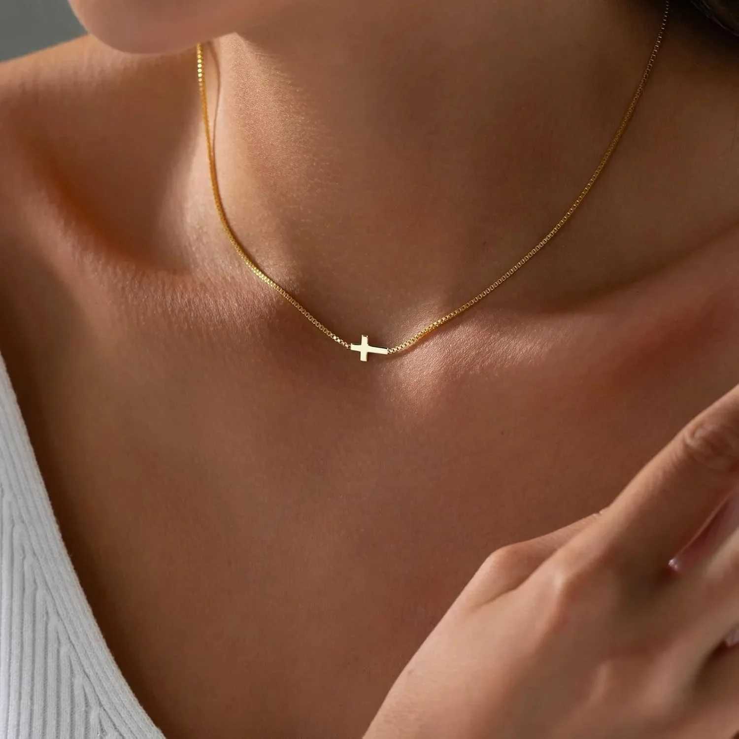 14K Gold Plated Small Cross Pendant Choker Simple Trendy Charm Chain Necklace Religious Jewelry Gift W250718