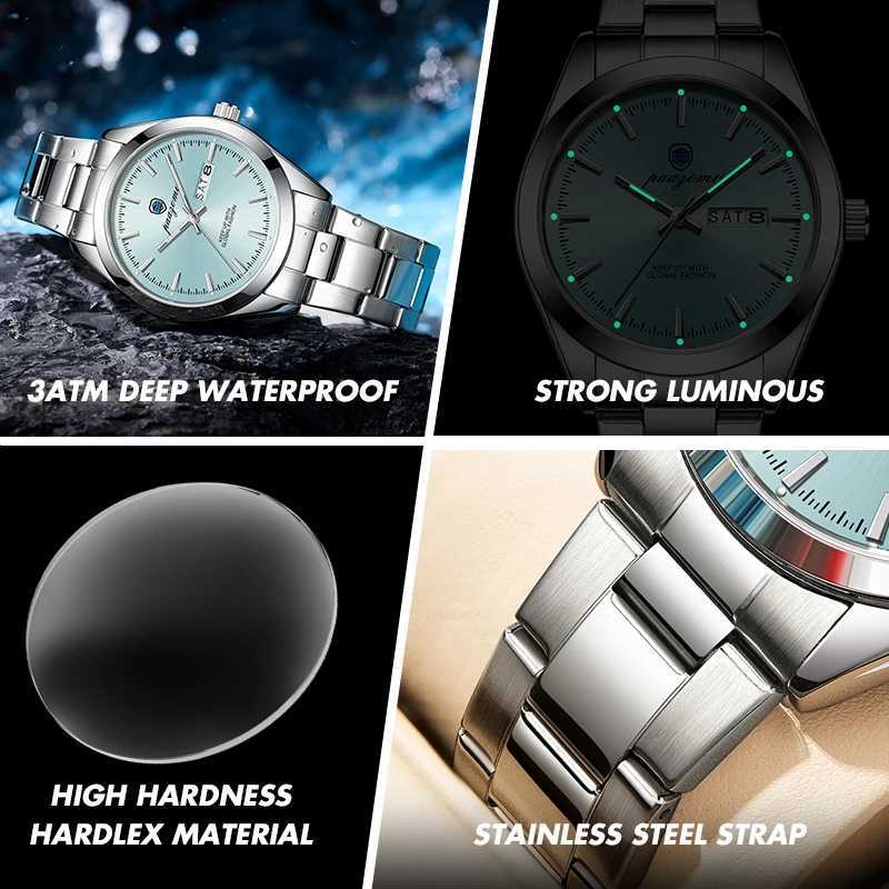 PAZOMU Luxury Men Watch Date Week Waterproof Luminous Stainless Steel Watch For Man Casual Quartz Mens Watches Male Sport+Box W250718