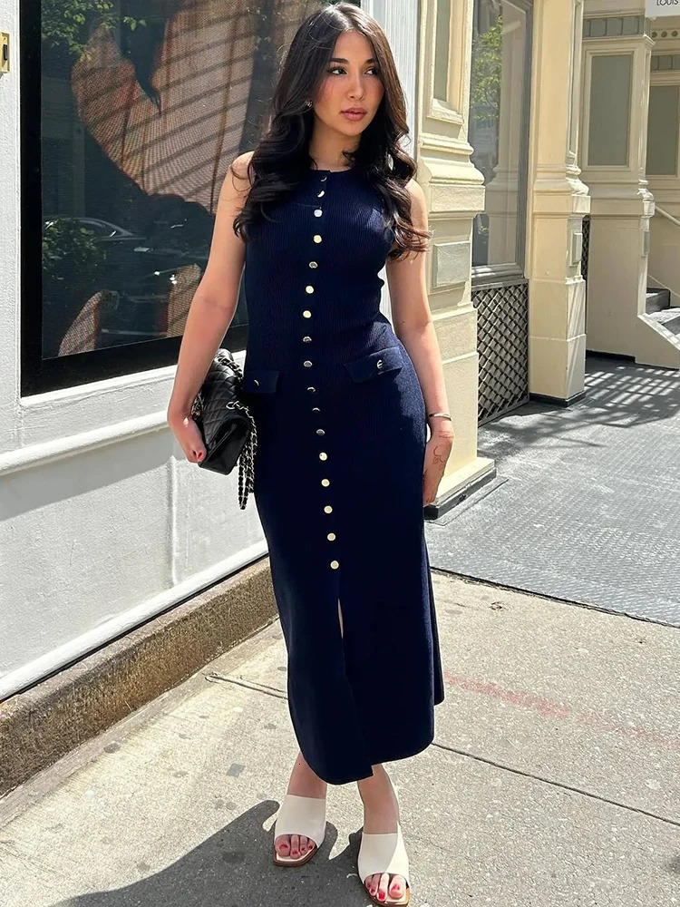 JULISSA MO Knitted Sexy High Slit Button Women Maxi Dress Apricot Sleeveless Round Neck Dress Winter Skinny Elegant Party Dress 250715
