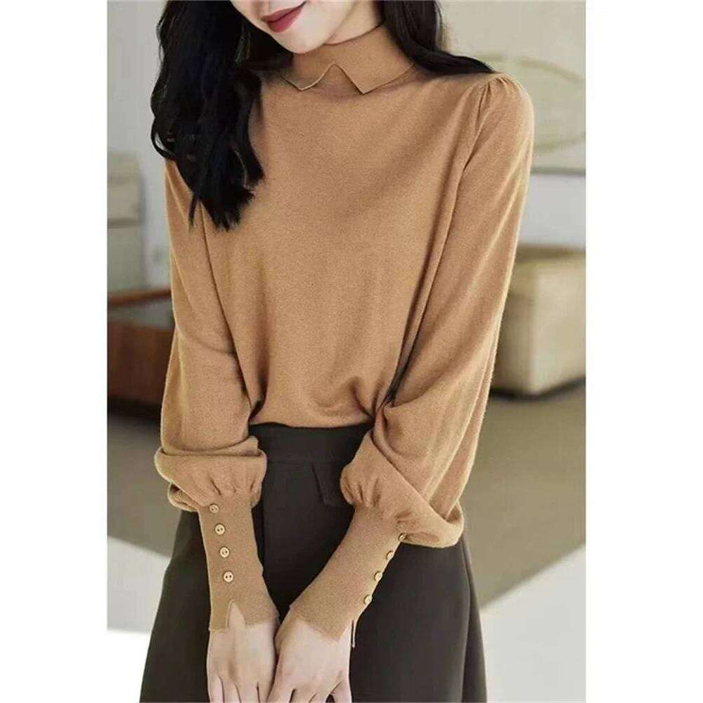 High Necked Pullover Shirts Women Button Up Lantern Sweaters Solid Color Wool Knitwear Women's Long Sleeve Top Turtleneck MDNG