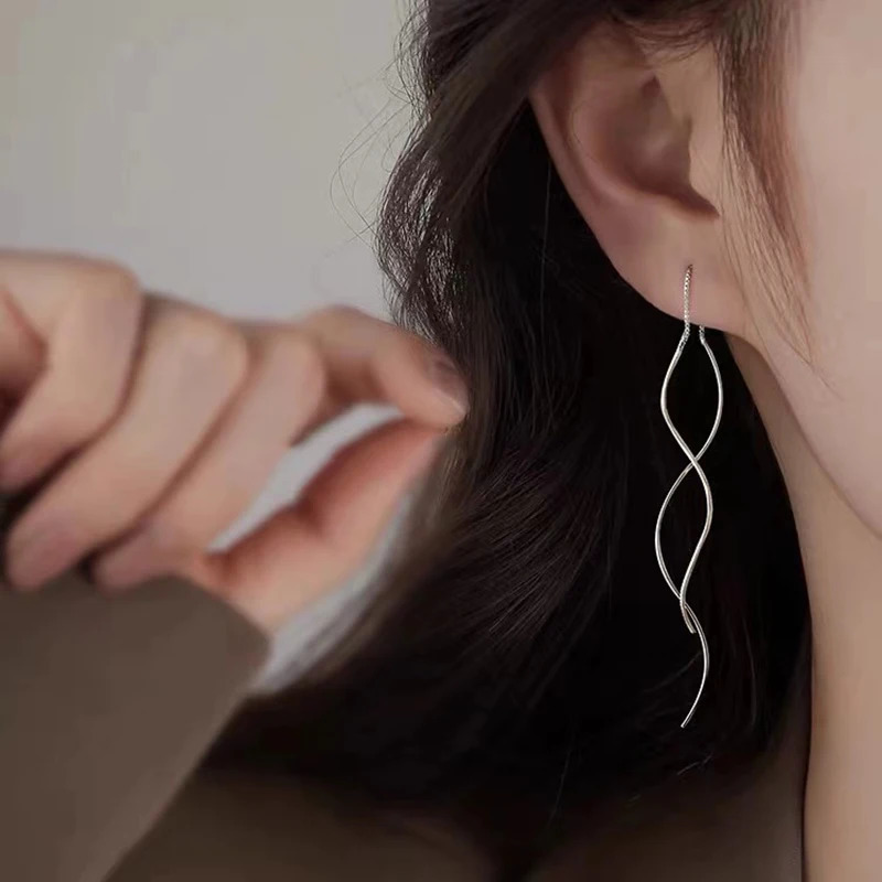 925 Sterling Silver Wave Earrings Simple Long Charm Delicate Geometric Shape Woman Earrings Birthday Gift Fine Jewellery 250715