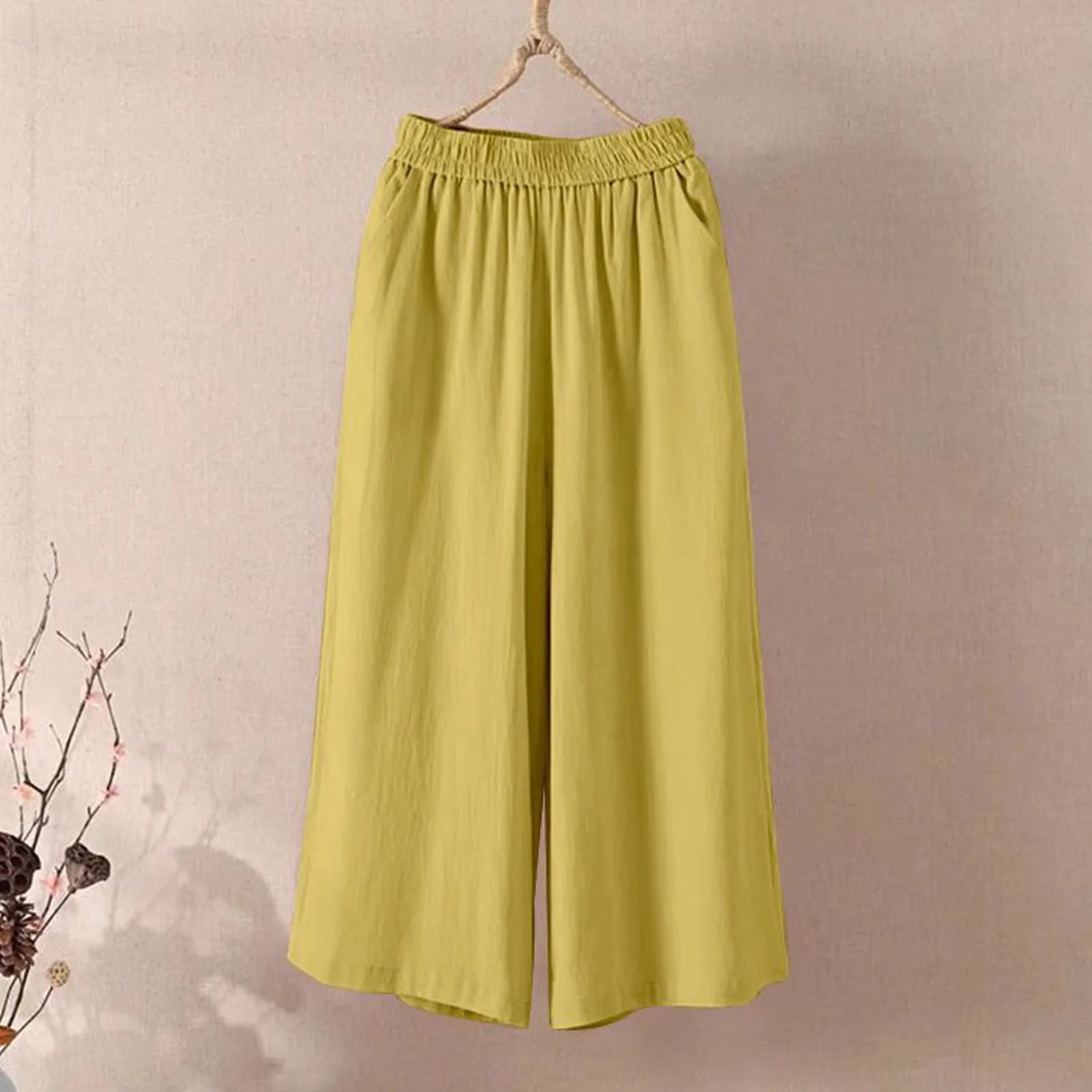 Feamle Casual and Versatile Lazy Style Wide Leg Pants With Pockets Lightweight High Waisted Loose Cropped s 250714