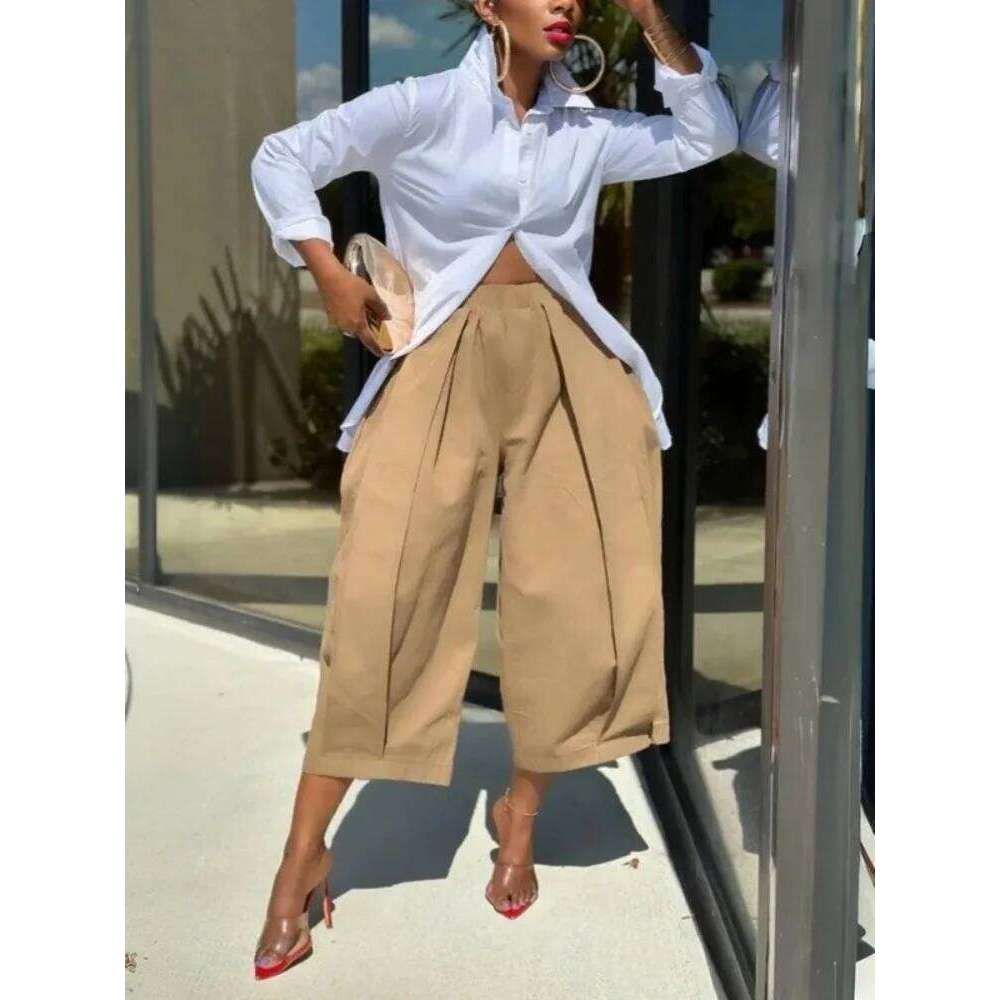 Beautyblue Khaki Women's Wide-leg Capri Pants Summer New Fashion Pocket Elastic Waist Loose Cotton Cropped Trousers