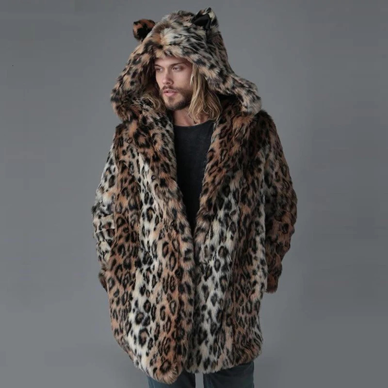 Plus Size Faux Fur Jacket For Men Winter Male Leopard Fur Jacket Long Style Hooded Fur Overcoat Warm Men Fur Outerwear leisure 250715