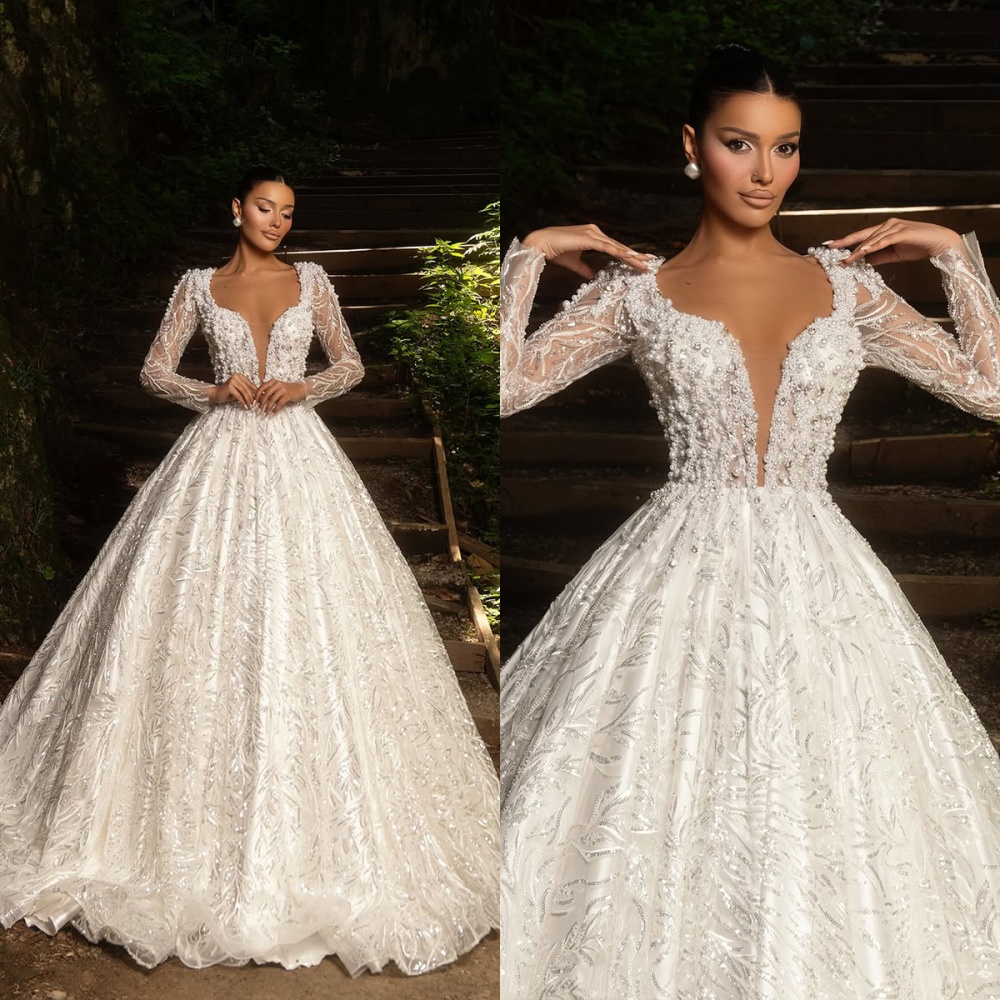 Romantic Wedding Dresses V Neck Long Sleeve Applique Sequins Beading A Line Bridal Gowns Sweep Train Customized Vestidos De Novia