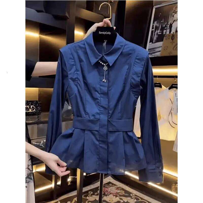 French Design Splicing Pleated Lapel Blue Shirt for Women Autumn New Waist Femmale Top Long Sleeves Blouses