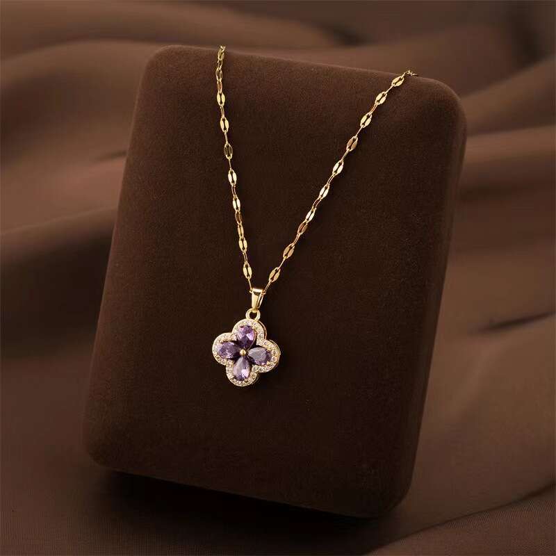 New Violet Four-Leaf Clover Necklace Fashion Versatile Clavicle Chain for Women Light Design High-end Feel