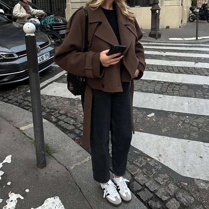 Women Casual Retro Woolen Blend Turn-down Collar Solid Jacket Fashion Slim Coat Autumn Winter New Lady Outerwear