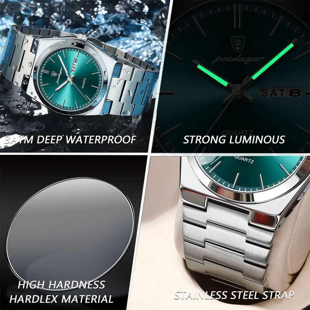 POEDAGAR Luxury Quartz Man Wristwatch Sport Men Watches Waterproof Luminous Date Week Stainless Steel Mens Watch Male Reloj W250718