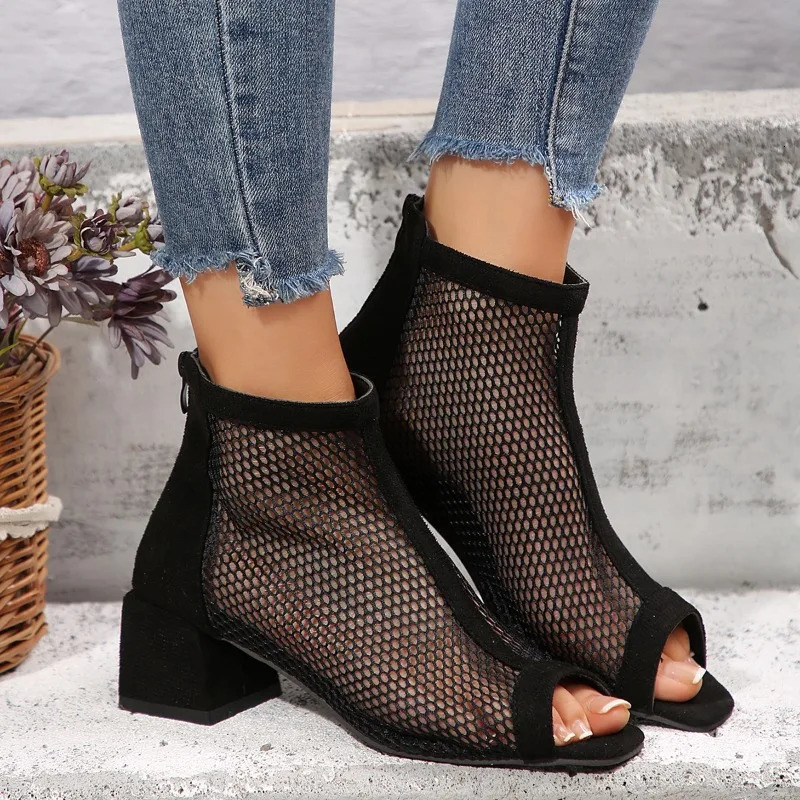 2024 Summer Boot Zapatos Chaussures Femme Zipper Square High Heel Leopard Woman Shoes Women Mesh Suede Ankle Boots Size 43 250714