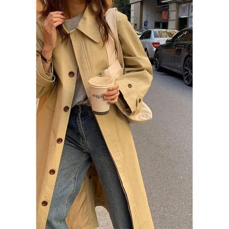 Autumn Winter Womens Fashion Trench Coat Single row buckle Female Windbreaker Coats Mid length Khaki Versatile Outwear 250715