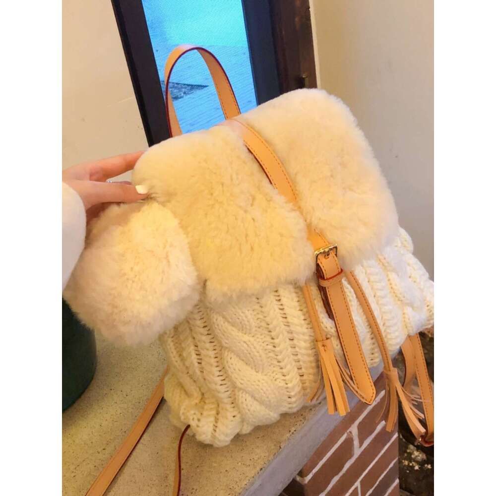 Wool For Women Autumn Winter New Tassel Drawstring Small Backpack Knitted Yarn Fluffy School Bag