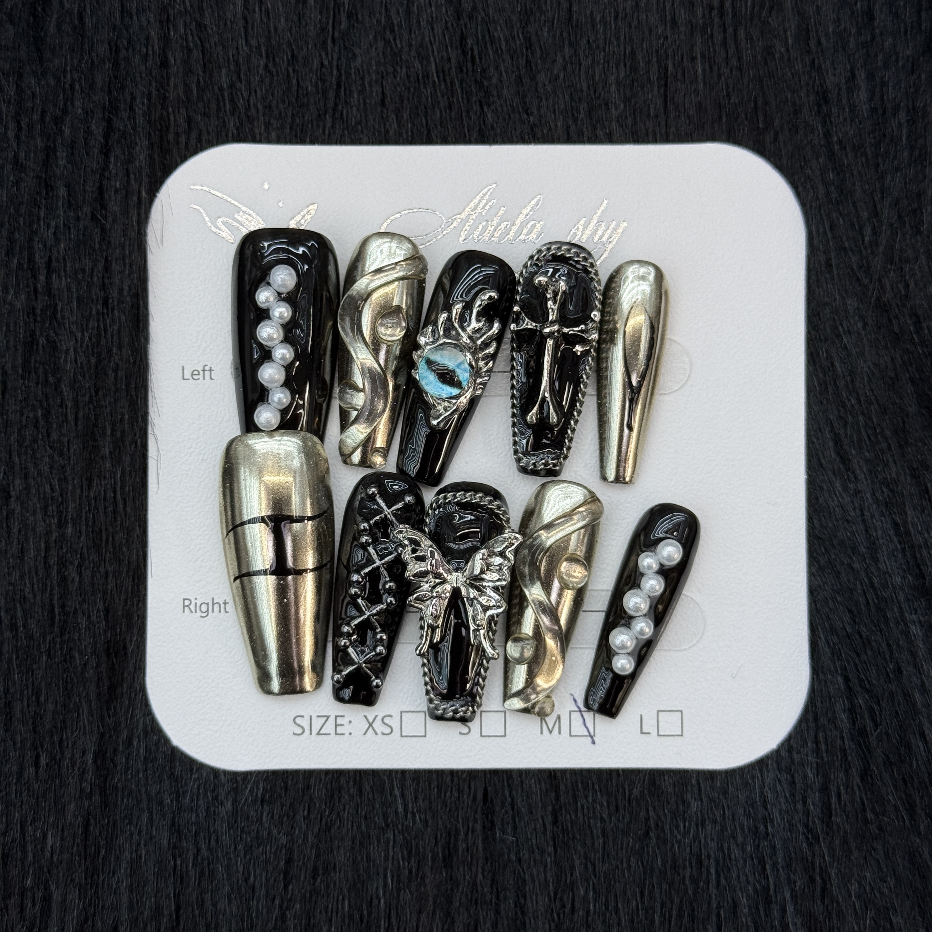 10Pcs Gothic Punk Metal & Pearl Press-On Nails - Black Gold Silver Manicure Set