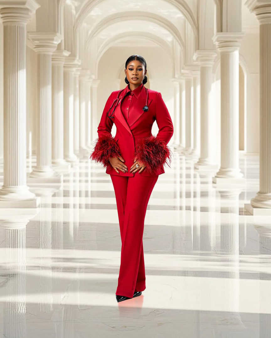 2 Pieces Red Customized Fur Sleeve Women Blazer Dress Ladies Prom Birthday Party Formal Wear Outfit Jacket