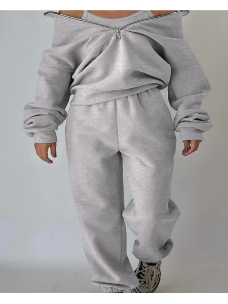 Fashion Street Casual Sports Sweatshirt And Trousers Two-piece Set Autumn Winter Solid Womens Holiday Pants Suit 250714
