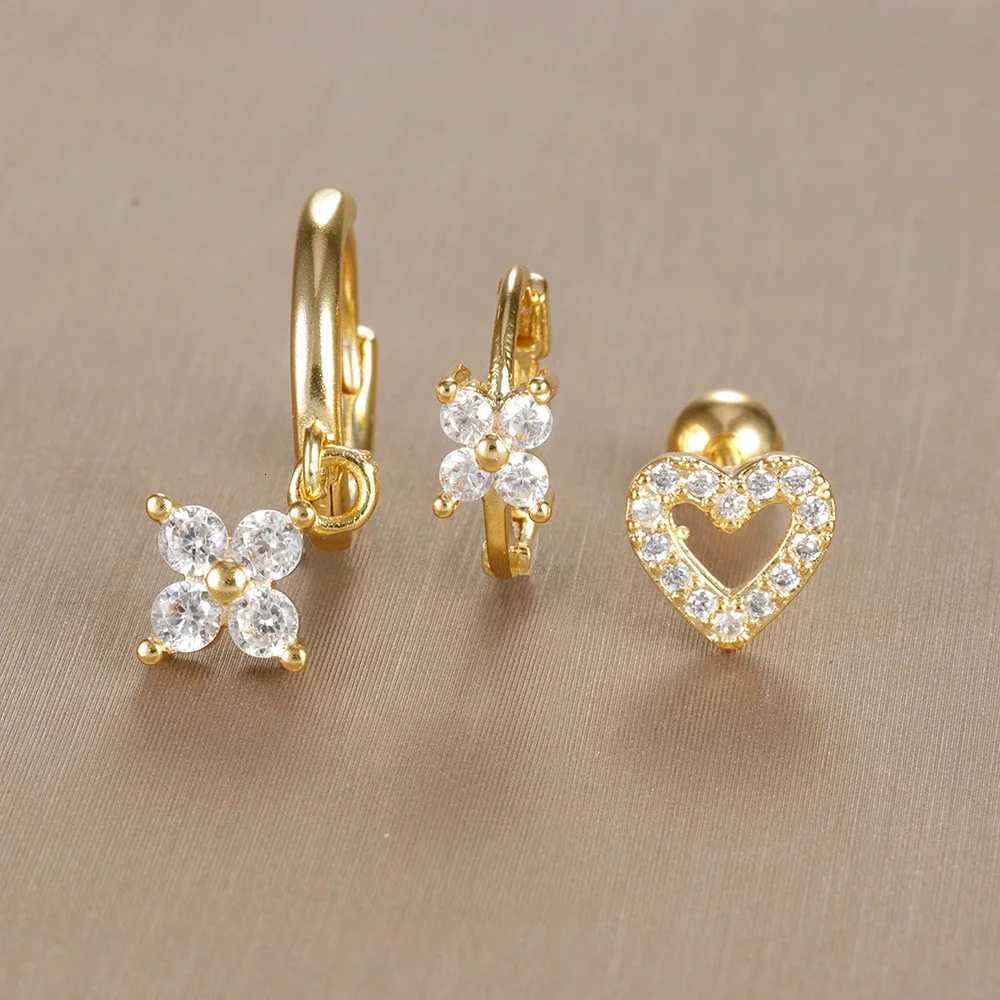 3PC Stainless Steel Zircon Flower Pendant Hoop Earrings Set for Women Tiny Huggies Cartilage Earring Set Piercing Jewelry Gifts XJ250718