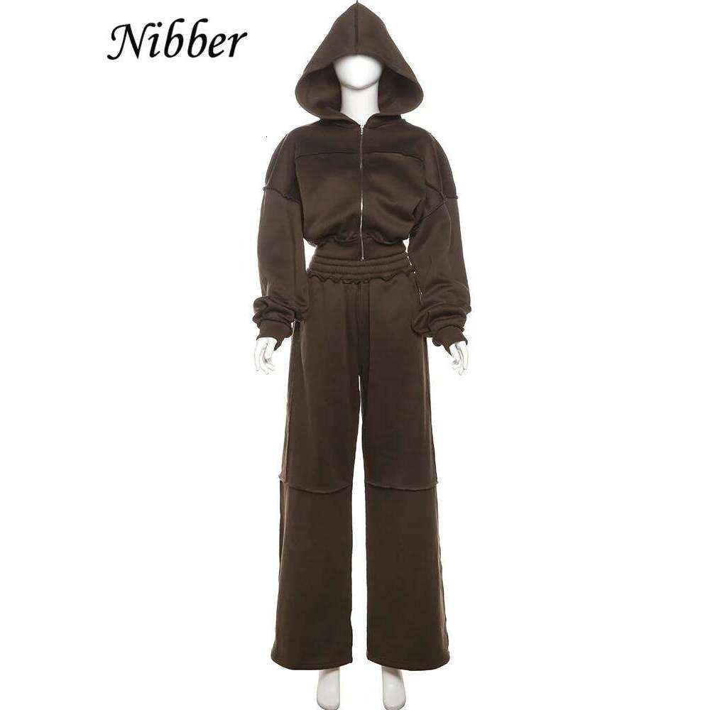 Nibber Casual Tracksuit Women 2 Piece Set Panelled Stripes Sporty Simple Hipster Hooded Zip Jacket+Wide Pants Matching Suits
